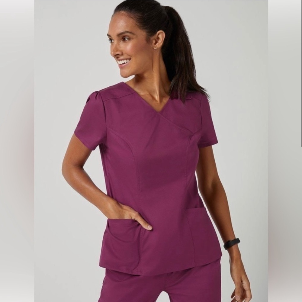 Jaanuu Mock Wrap Scrub Top in Wine, Size XS